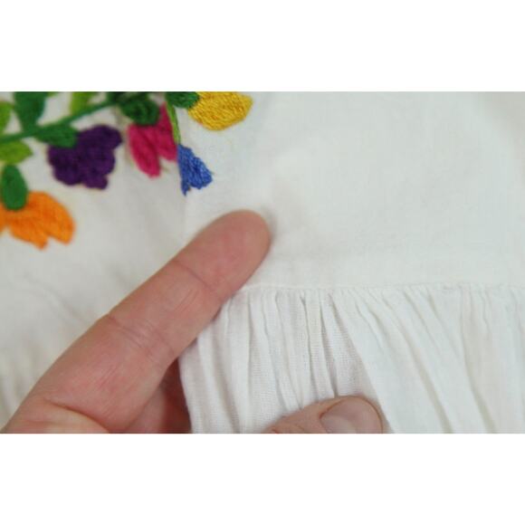 Hand Embroidered Medium Dress Midi Huipil Boho Peasant White Cotton Beach Resort - Picture 7 of 11